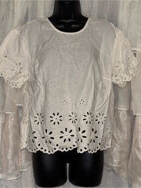 Madewell White Eyelet Linen Puff-Sleeve Blouse